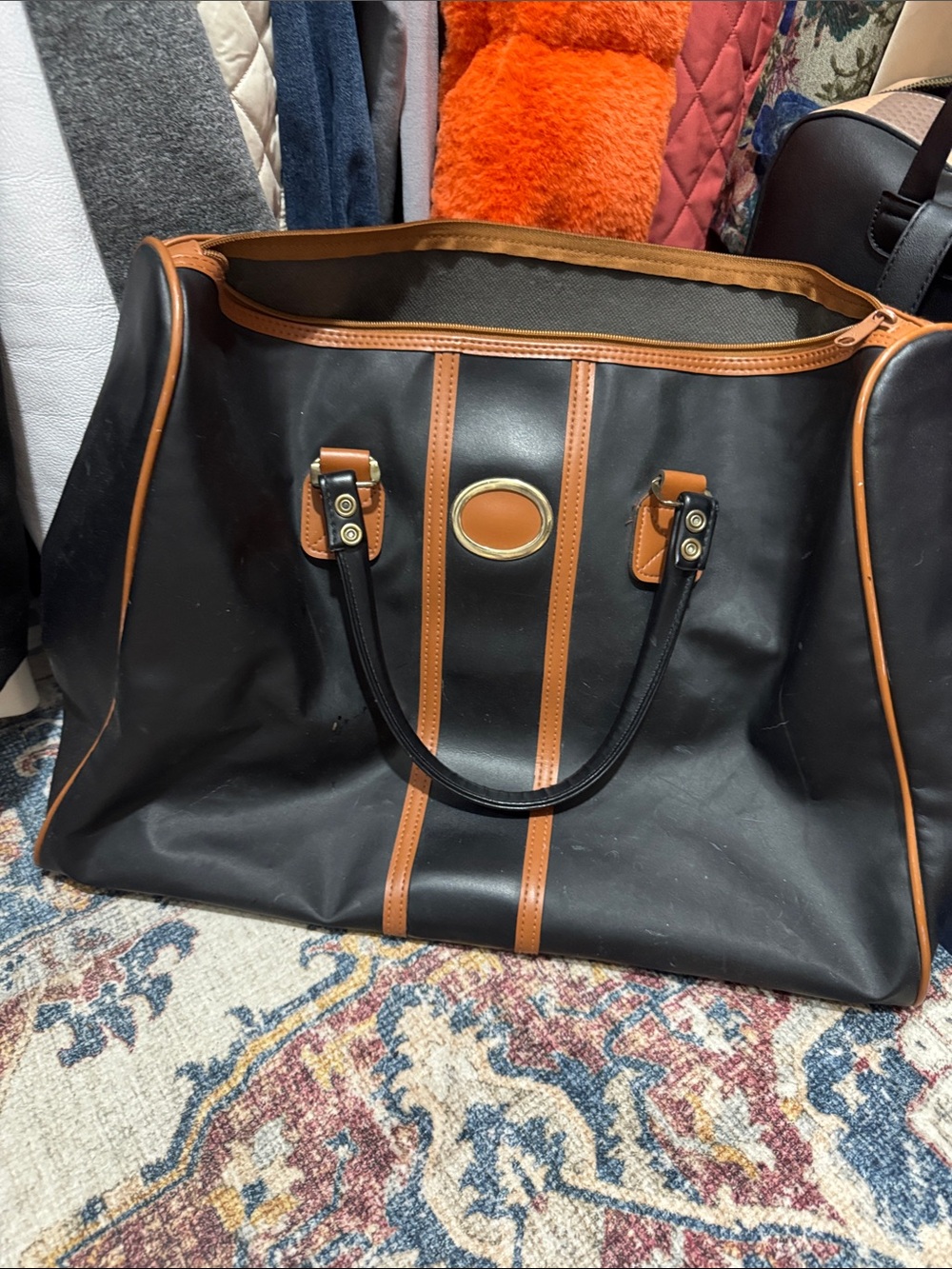 Vintage inspired Black and Brown Leather-Trim Travel Tote